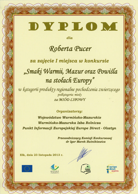 Kolejna nagroda dla naszego miodu lipowego!