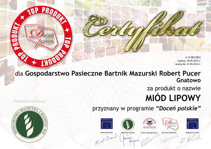 Godło TOP PRODUKT dla miodu lipowego